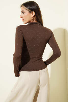 Parmak Geçirmeli Taşlı Hırka Kahve - Kadın Giyim Modelleri