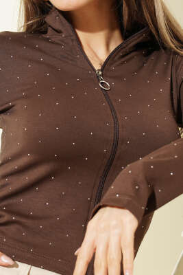 Parmak Geçirmeli Taşlı Hırka Kahve - Kadın Giyim Modelleri