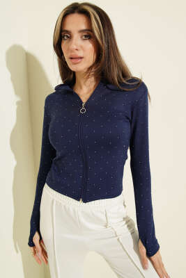 Parmak Geçirmeli Taşlı Hırka Lacivert - Kadın Giyim Modelleri