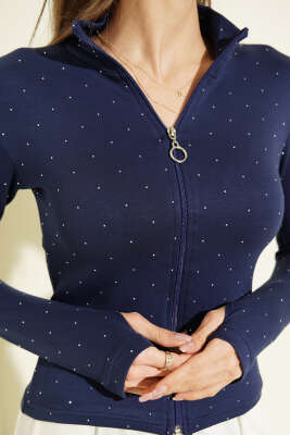 Parmak Geçirmeli Taşlı Hırka Lacivert - Kadın Giyim Modelleri