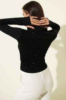 Parmak Geçirmeli Taşlı Hırka Siyah - Kadın Giyim Modelleri