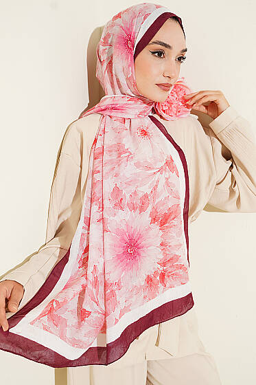 Pastel Çiçekli Bambu Kraş Şal Bordo - Başörtüsü