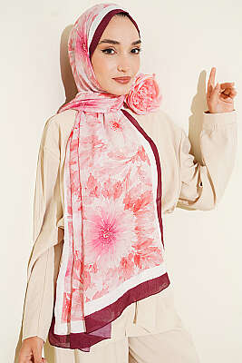 Pastel Çiçekli Bambu Kraş Şal Bordo - Başörtüsü