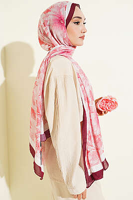 Pastel Çiçekli Bambu Kraş Şal Bordo - Başörtüsü