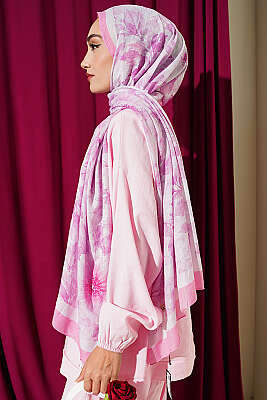 Pastel Çiçekli Bambu Kraş Şal Pembe - Başörtüsü