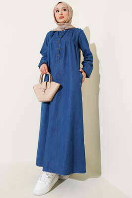 Patlı Beş Düğmeli Kot Elbise