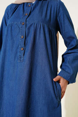 Patlı Beş Düğmeli Kot Elbise - Tesettür Elbise