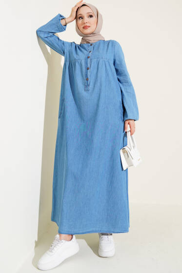 Patlı Beş Düğmeli Kot Mavisi Elbise - Elbise