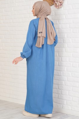 Patlı Beş Düğmeli Kot Mavisi Elbise - Tesettür Elbise