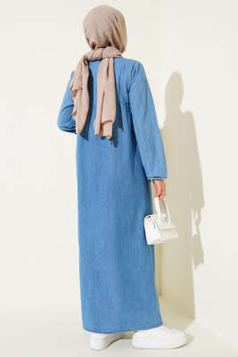 Patlı Beş Düğmeli Kot Mavisi Elbise - Tesettür Elbise