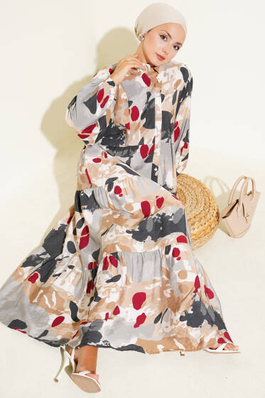 Patlı Desenli Elbise Latte - Elbise