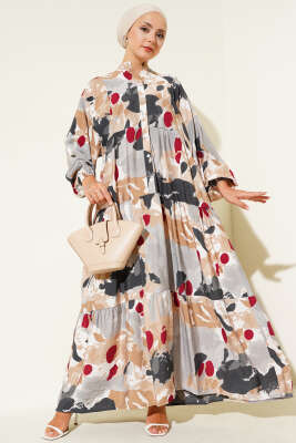 Patlı Desenli Elbise Latte - Tesettür Elbise