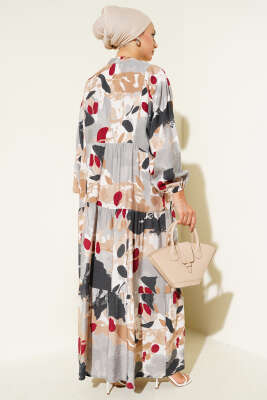 Patlı Desenli Elbise Latte - Tesettür Elbise