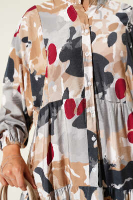 Patlı Desenli Elbise Latte - Tesettür Elbise