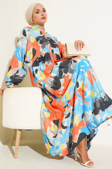 Patlı Desenli Elbise Mavi - Tesettür Elbise