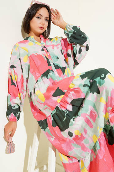 Patlı Desenli Elbise Su Yeşili - Elbise