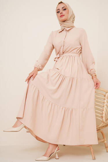 Patlı Dokuma Terikoton Elbise Bej - Elbise