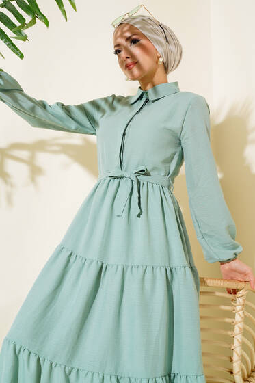 Patlı Dokuma Terikoton Elbise Çağla Yeşili - Elbise