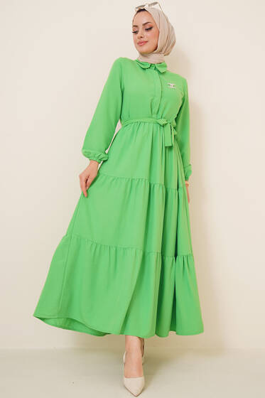 Patlı Dokuma Terikoton Elbise Fıstık Yeşili - Elbise