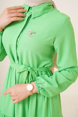 Patlı Dokuma Terikoton Elbise Fıstık Yeşili - Thumbnail
