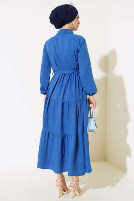 Patlı Dokuma Terikoton Elbise Indıgo - Tesettür Elbise