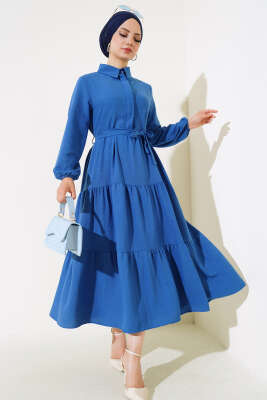 Patlı Dokuma Terikoton Elbise Indıgo - TEGOE