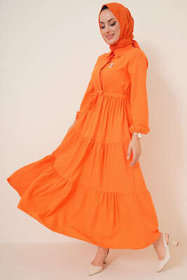 Patlı Dokuma Terikoton Elbise Oranj - Thumbnail