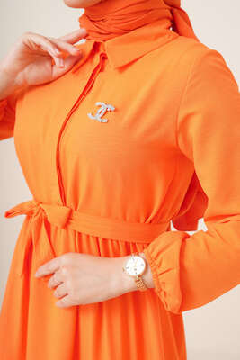 Patlı Dokuma Terikoton Elbise Oranj - Thumbnail