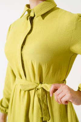 Patlı Dokuma Terikoton Elbise Yağ Yeşili - Tesettür Elbise