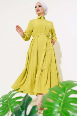 Patlı Dokuma Terikoton Elbise Yağ Yeşili - Tesettür Elbise