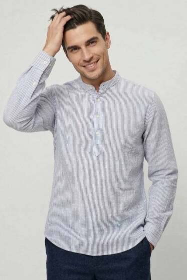 Patlı Hakim Yaka Erkek Gömlek Mavi - Erkek Gömlek