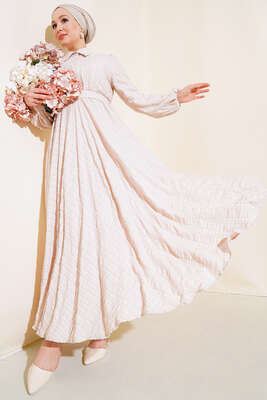 Patlı Kabartma Desenli Elbise Bej - Thumbnail