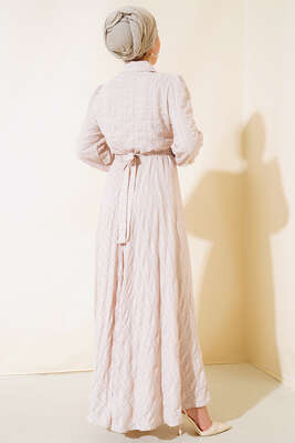 Patlı Kabartma Desenli Elbise Bej - Thumbnail
