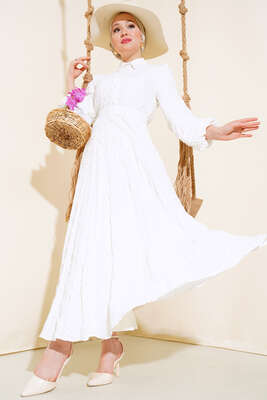 Patlı Kabartma Desenli Elbise Ekru - Thumbnail