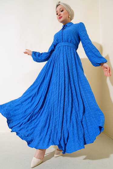 Patlı Kabartma Desenli Elbise Saks - Elbise