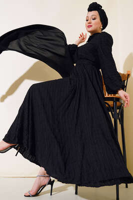 Patlı Kabartma Desenli Elbise Siyah - Thumbnail