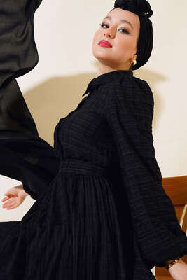 Patlı Kabartma Desenli Elbise Siyah - Thumbnail