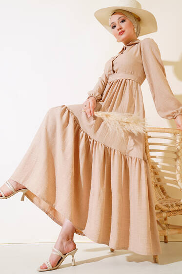 Patlı Keten Elbise Bej - Tesettür Elbise