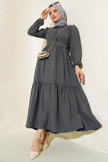 Patlı Keten Elbise Füme - Elbise