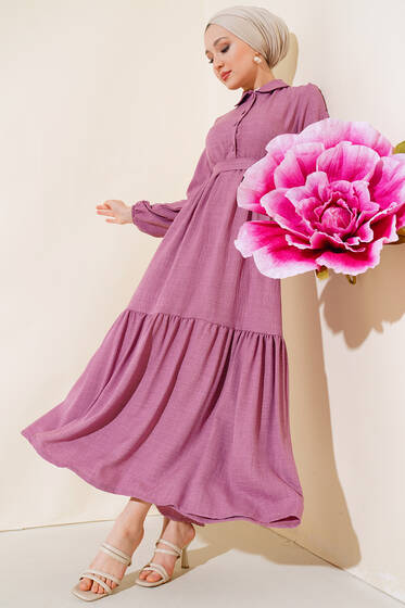 Patlı Keten Elbise Lila - Tesettür Elbise