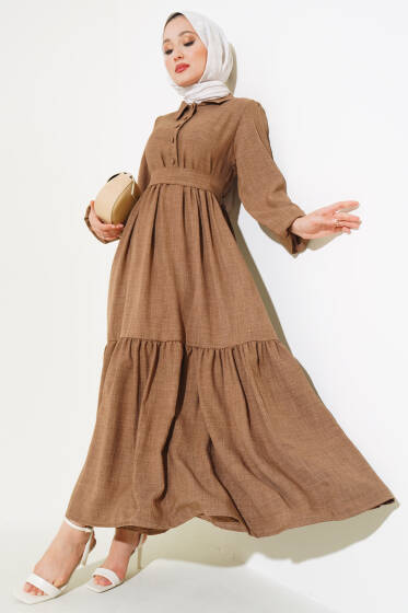 Patlı Keten Elbise Vizon - Tesettür Elbise