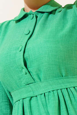 Patlı Keten Elbise Yeşil - Thumbnail