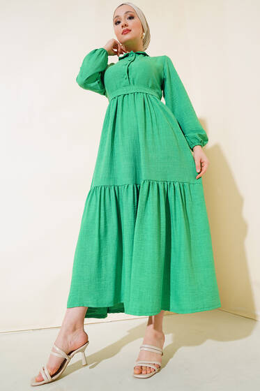 Patlı Keten Elbise Yeşil - Tesettür Elbise