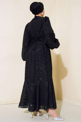 Patlı Kuşaklı Elbise Siyah - Thumbnail