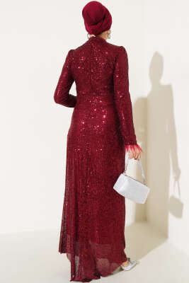 Payetli Bileği Tüylü Elbise Bordo - Tesettür Elbise