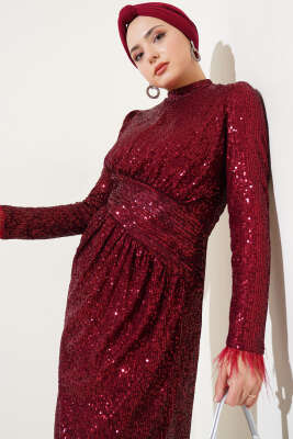 Payetli Bileği Tüylü Elbise Bordo - Tesettür Elbise
