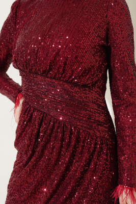 Payetli Bileği Tüylü Elbise Bordo - Tesettür Elbise