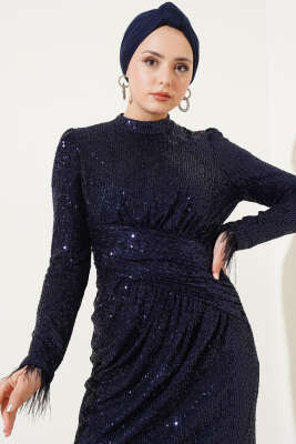 Payetli Bileği Tüylü Elbise Lacivert - Tesettür Elbise
