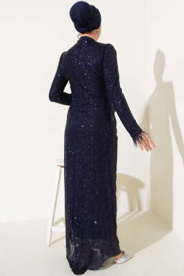 Payetli Bileği Tüylü Elbise Lacivert - Tesettür Elbise