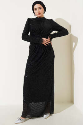 Payetli Bileği Tüylü Elbise Siyah - Tesettür Elbise